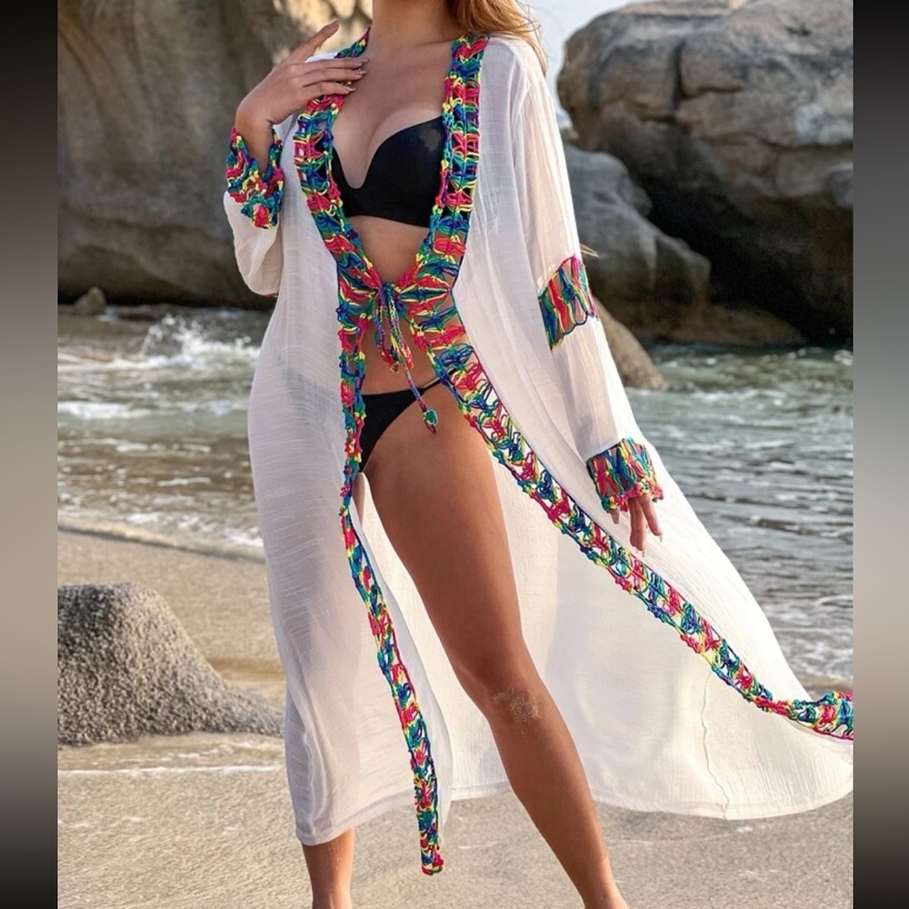 Boho Crochet Trim Kimono Cardi Cover UP White - Picture 2 of 5